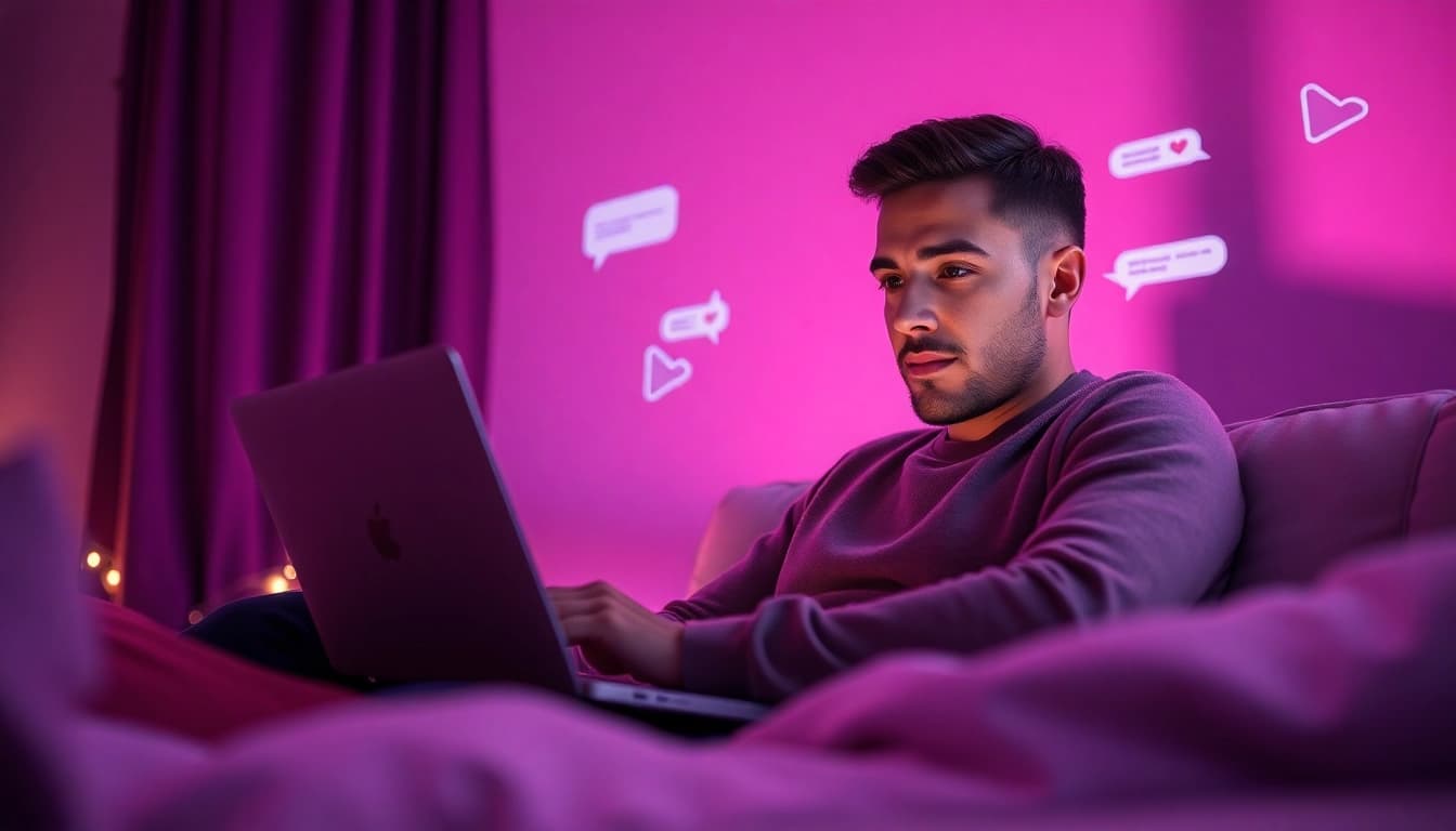 Engaging in ai sex chat with a digital girlfriend in a cozy, modern setting.