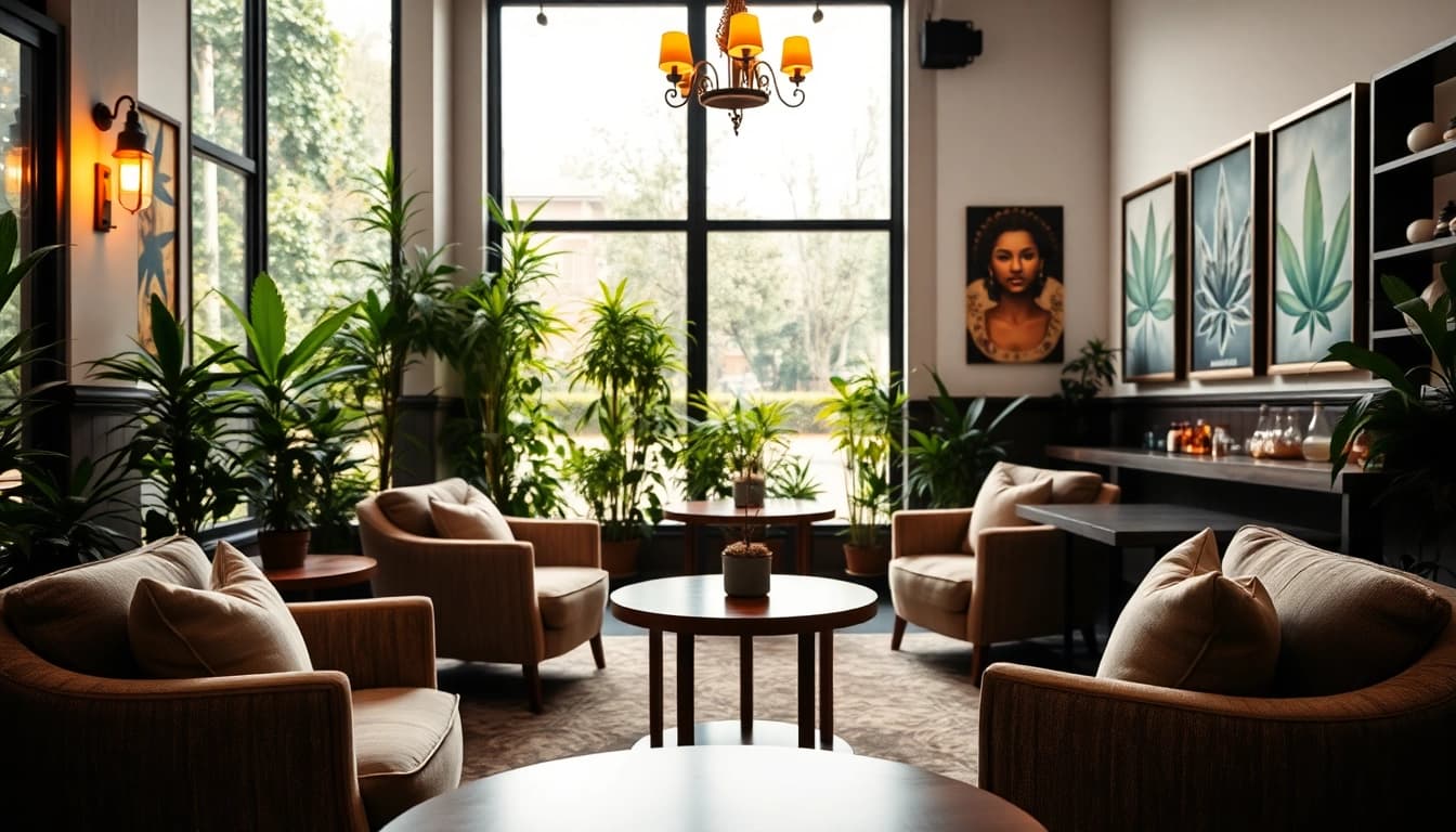 Association cannabis shop Madrid avec un intérieur élégant, montrant des sièges confortables et une atmosphère accueillante.