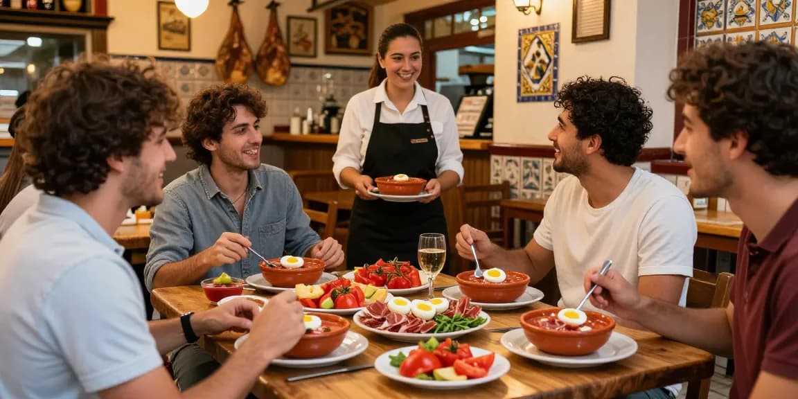 Group sharing salmorejo at a cozy Spanish tapas bar, highlighting the best salmorejo near me experience.