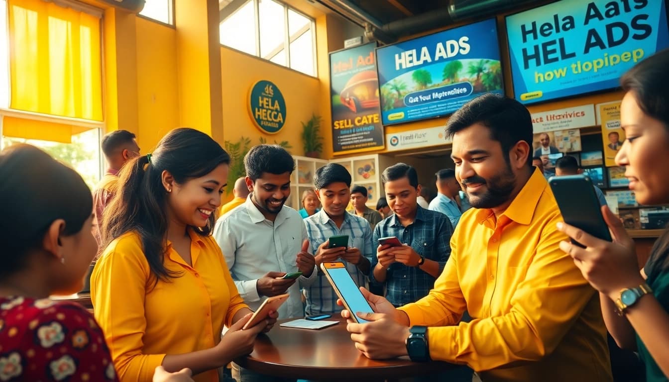Engaging scene of individuals posting Hela Ads in a vibrant digital marketplace in Sri Lanka.
