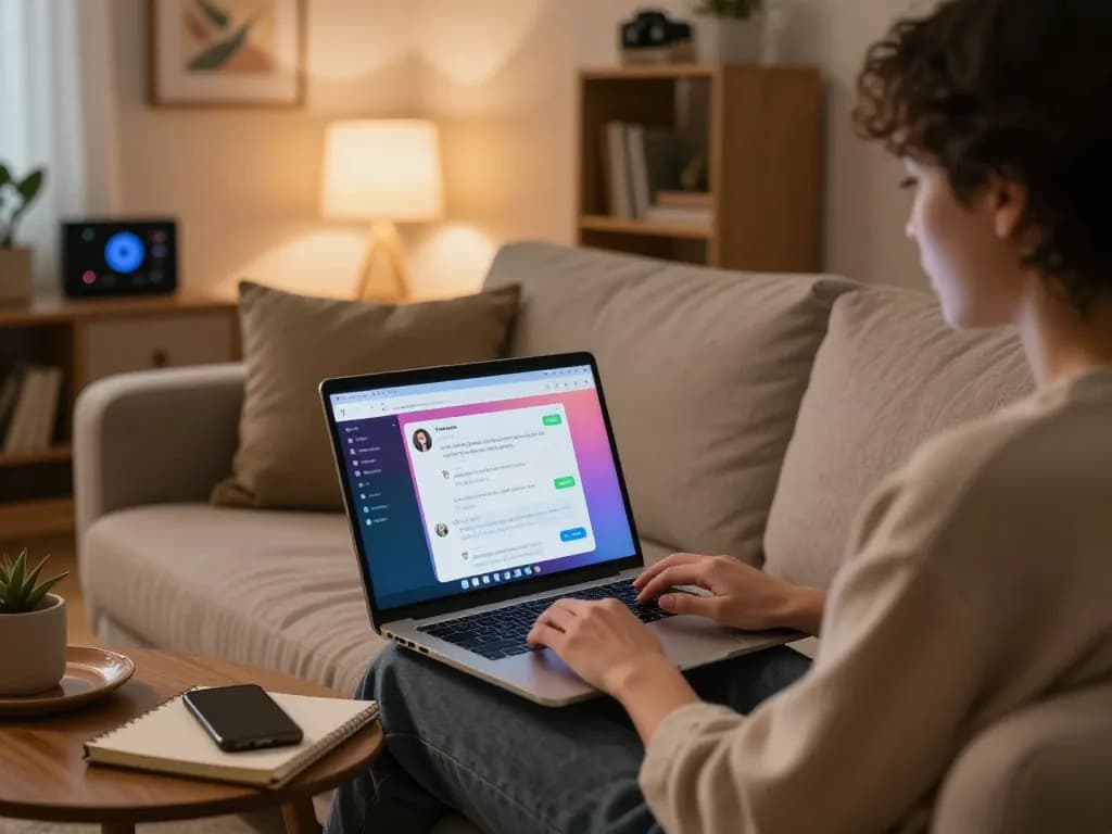 Engaging conversation on sex chat AI in a cozy living room setting, highlighting modern digital interaction.