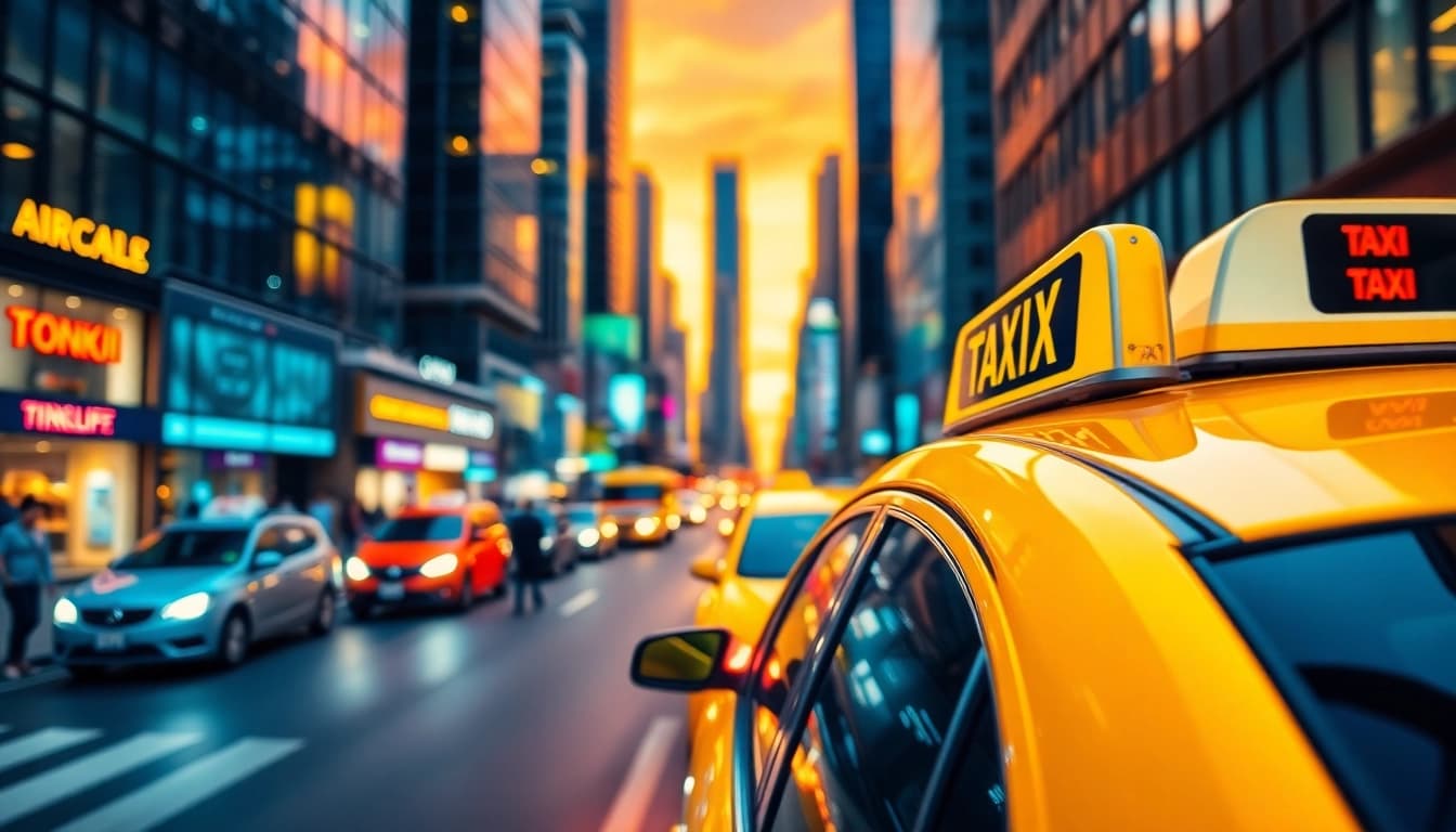 Taxis navigating through a vibrant cityscape with glowing sunset reflections.