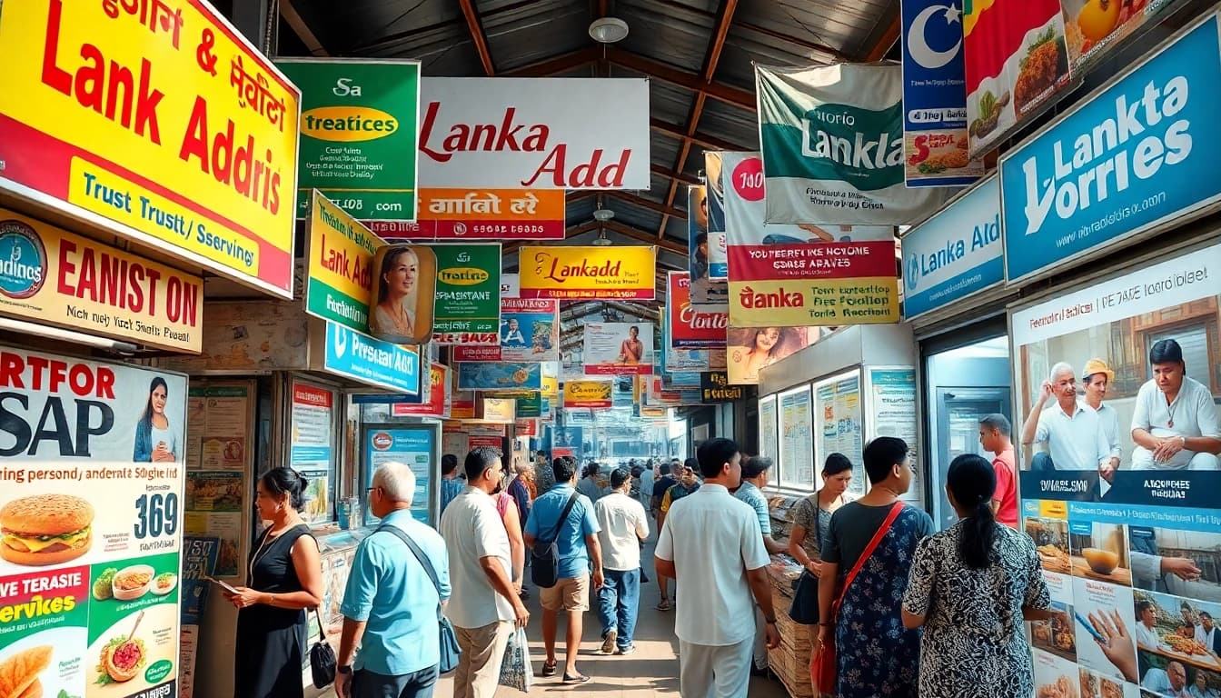 Lanka Add advertisements in a lively Sri Lankan marketplace showcasing personal services and spa treatments