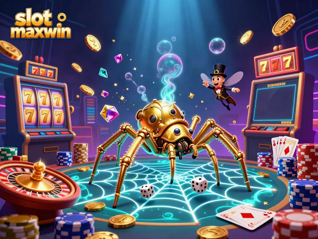 Experience the thrill of slot maxwin with steampunk spider, lucky 7s, and immersive casino elements.