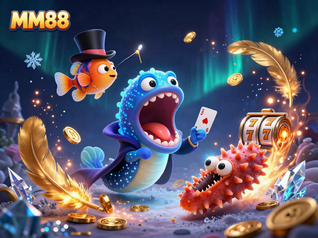 Experience thrilling MM88 casino magic with a bioluminescent eel and enchanting characters in action.