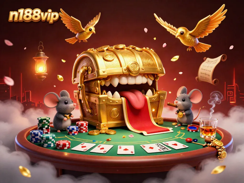 Engage with n188vip at the casino, where a golden treasure chest and poker elements ignite excitement.