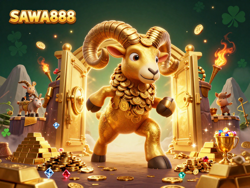 Experience thrilling wins with SAWA888, featuring an energetic golden ram and dazzling treasures.