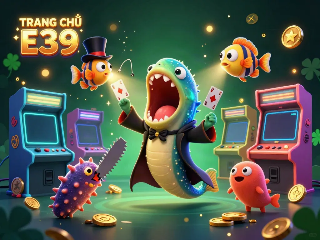 Exciting scene at TRANG CHỦ E39 featuring a bioluminescent gulper eel performing magic with games and casino elements.