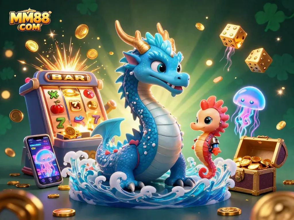 Experience the thrill of MM88 COM with a vibrant casino scene featuring dragon and seahorse!