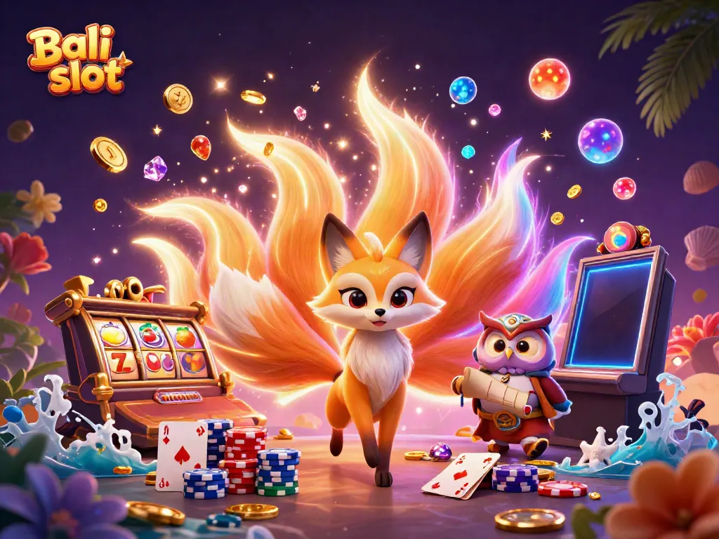 Bali slot features a colorful nine-tailed fox spirit and glowing coins, embodying an exciting gaming experience.