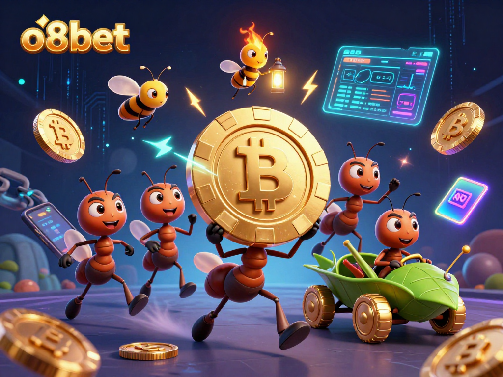 o8bet showcases a heist with ants carrying a giant poker chip in a vibrant casino scene