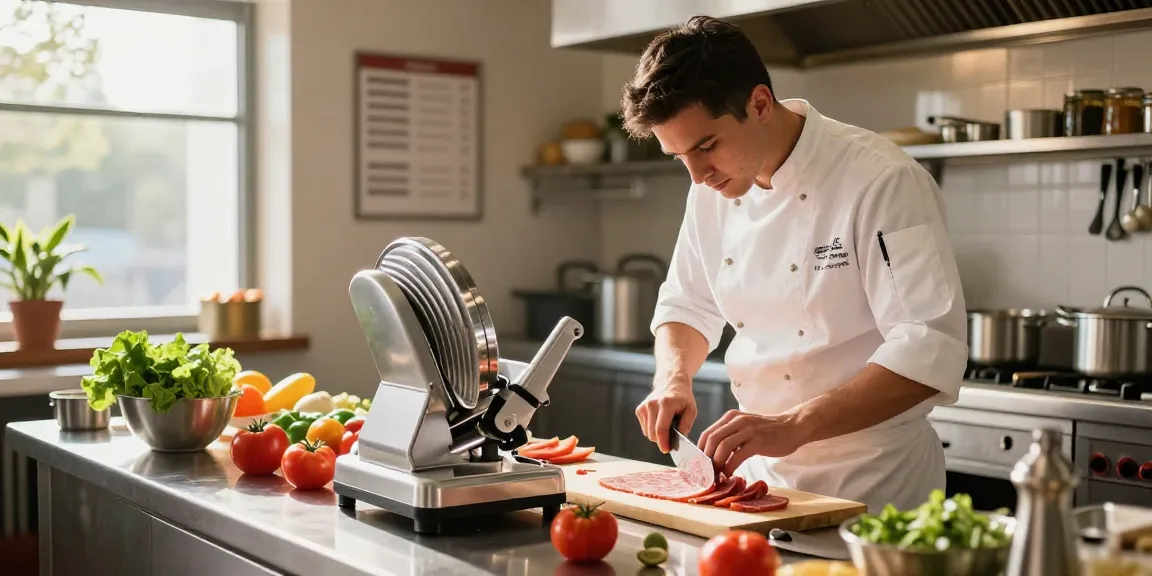Deli Meat Slicers in action at a busy commercial kitchen, chef slicing fresh ingredients.