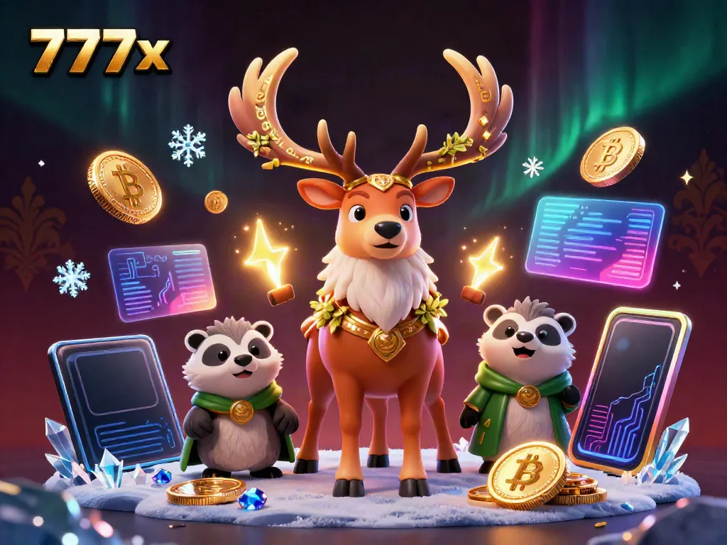 Experience the vibrant world of 777x with an adventure-filled casino scene featuring mythical characters and cryptocurrencies.