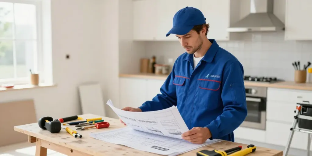 Professional contractor assessing blueprints at a local service renovation site, emphasizing quality work and slot gacor.