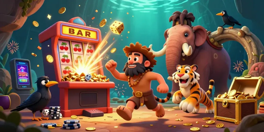 Experience thrilling gameplay at V79 with a cartoonish caveman duo and a sabertooth tiger managing a lively prehistoric casino.