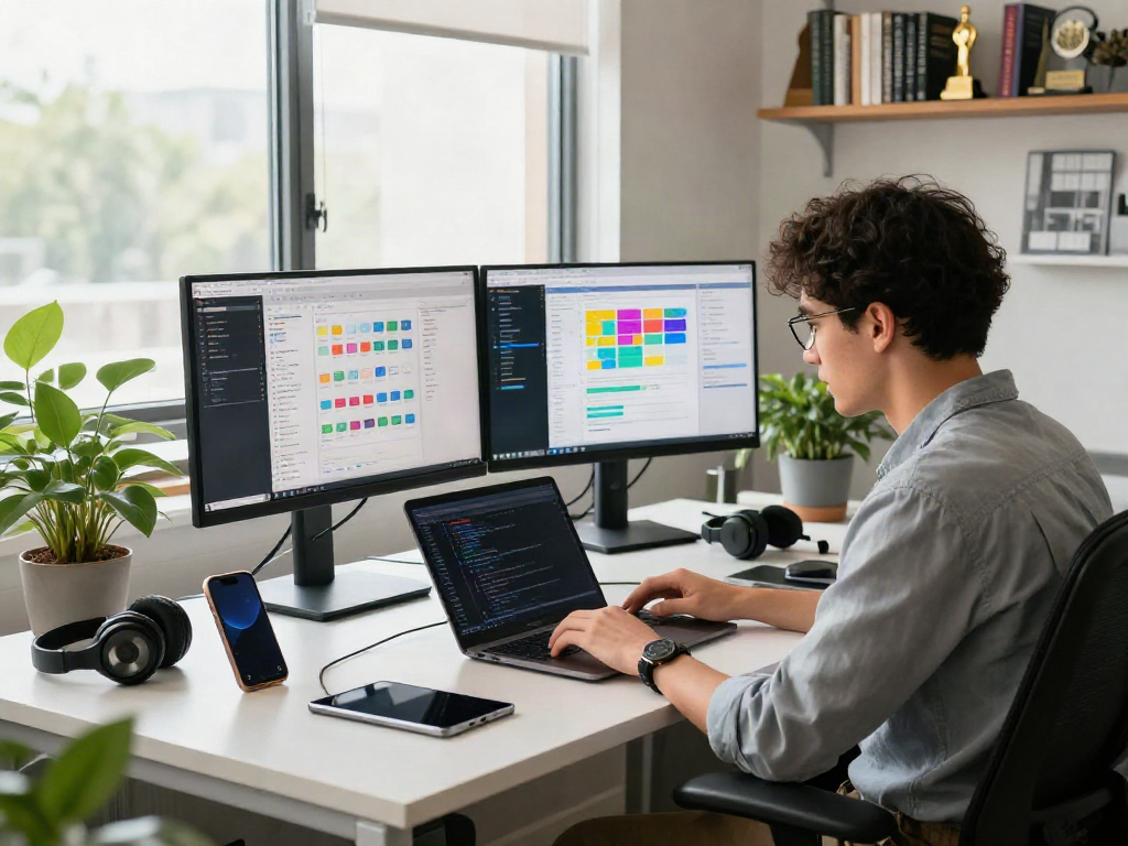 Developer immersed in juicy ai project at modern workspace with screens, gadgets, and natural light.