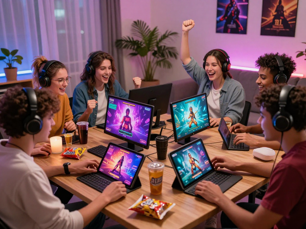 Engaged friends playing porn games on various devices in a cozy setting