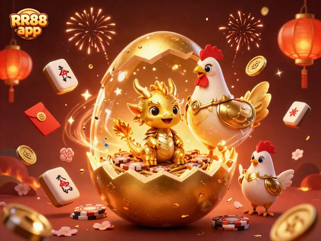 Experience the excitement of the RR88 app with golden dragon and poker chips in a vibrant casino scene