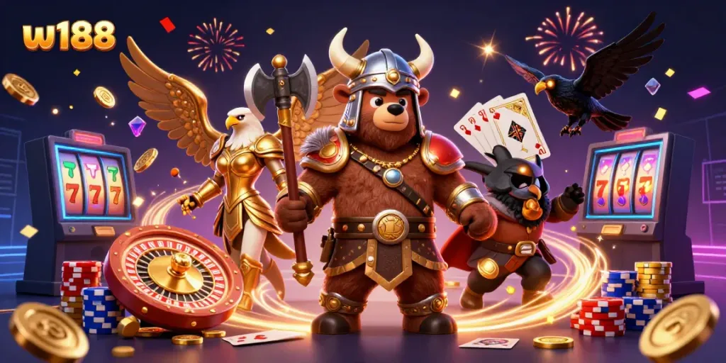 W188 casino experience featuring Viking bear and Valkyrie eagle amidst a lively gaming scene
