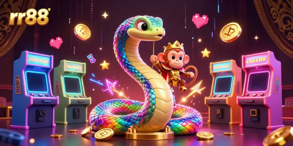 Experience the thrill of rr88 with a vibrant illustration of a rainbow serpent and monkey king in a dynamic gambling scene.