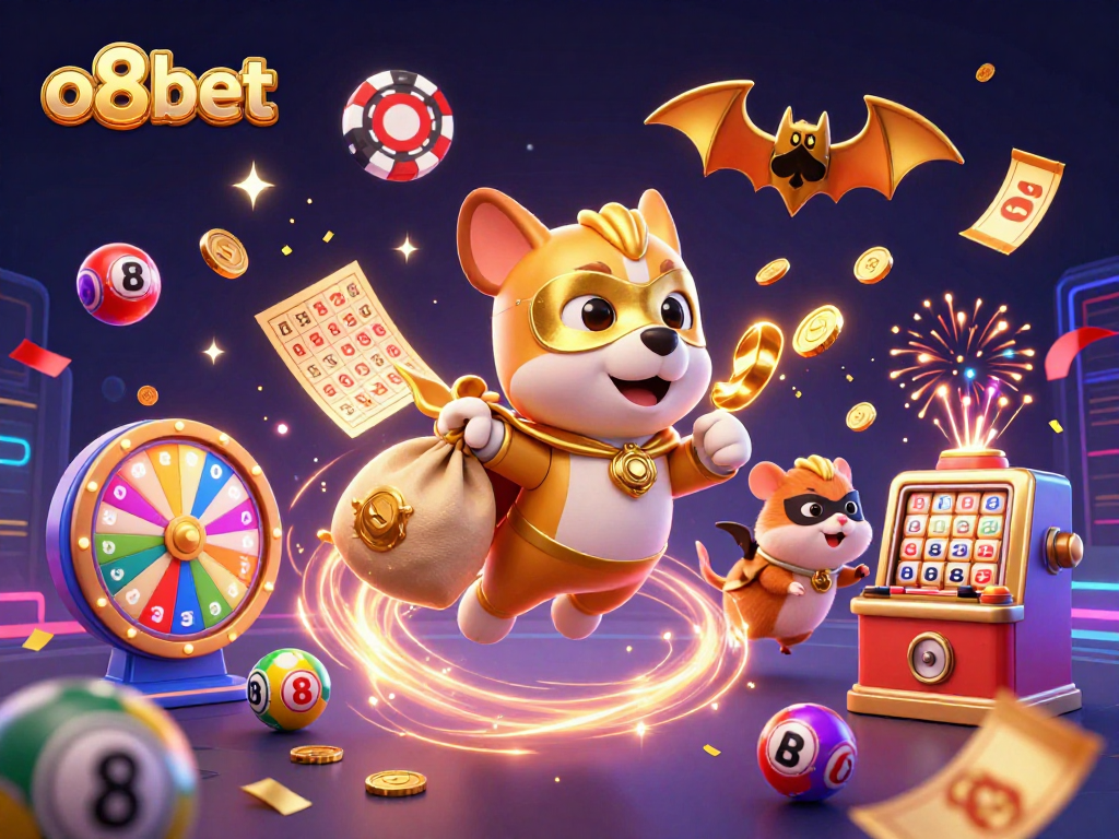 Engaging scene showcasing the o8bet mascot, a superhero dog, amidst dynamic casino elements.
