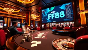 Experience the excitement of gambling with Link FB88 at a vibrant casino table, showcasing poker chips and cards.