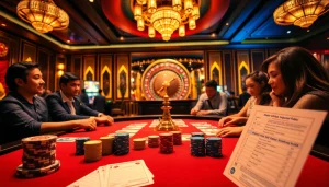 Experience the thrill of Rút Tiền FB88 at a vibrant poker table, with players immersed in the game, surrounded by colorful chips and cards.
