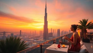Travel to Dubai showcases an enchanting evening view of the Burj Khalifa at sunset.