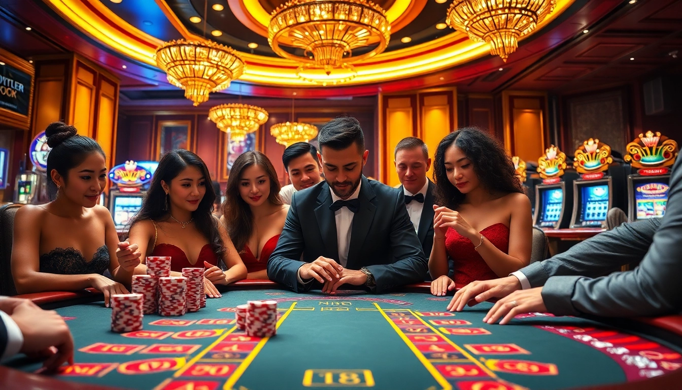Players enjoying a thrilling game bài đổi thưởng at a vibrant casino table.
