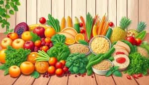 Explore a colorful display of healthy food choices featuring vibrant fruits and fresh vegetables.
