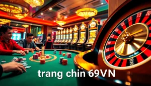 Experience thrilling gambling at trang chủ 69VN with vibrant casino games featuring poker tables and roulette wheels.