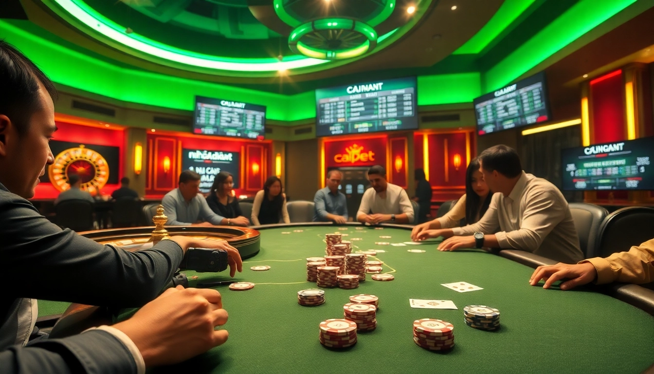 Experience the thrill at nhà cái dabet with players at a high-stakes poker table, showcasing vibrant poker chips and cards.