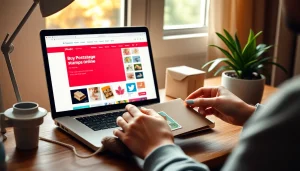 Explore the joy of buying postage stamps online with a laptop and colorful stamps on a cozy workspace.