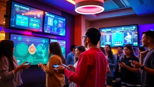 Engaged users interacting with gamified experiences in a modern lounge by a leading gamification company.