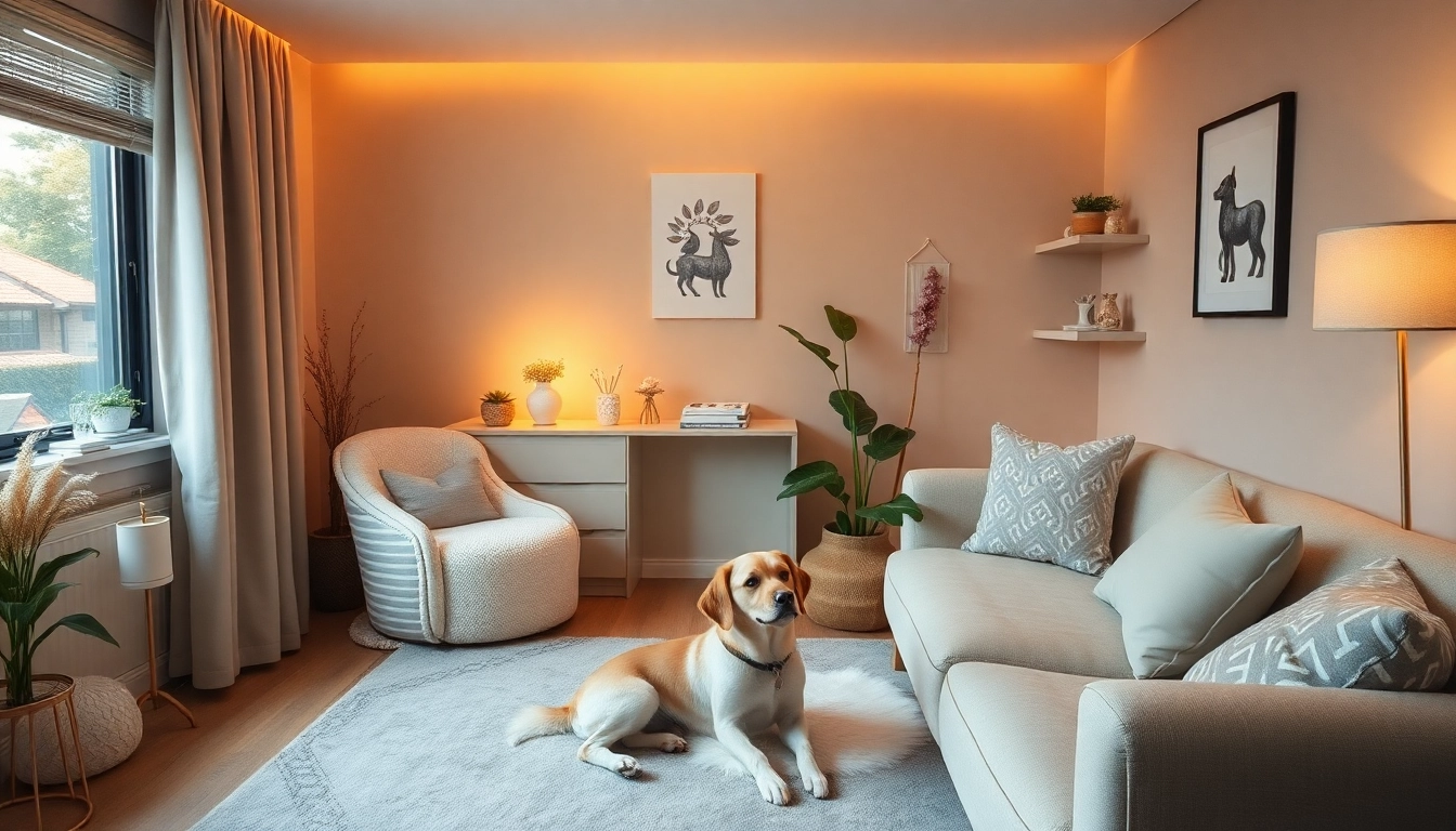 Anxiety treatment Sydney in a tranquil therapy room featuring a psychologist and an assisting therapy dog.