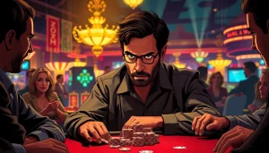 Mark Baum strategizing at a high-stakes poker table in a casino.