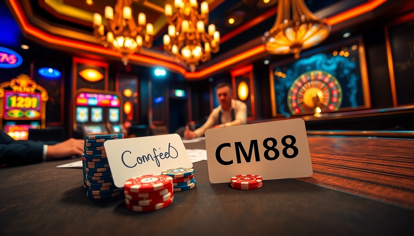 CM88 poker chip stacks on a luxurious casino table with vibrant lighting.