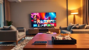 View of a modern living room with iron iptv streaming content on a LED TV, creating a cozy atmosphere.
