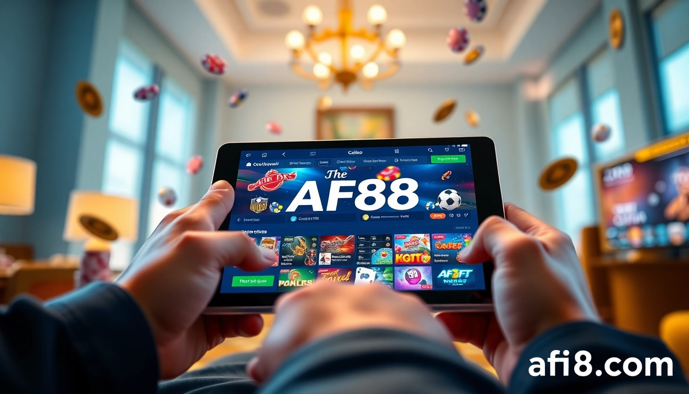 Engaging scene of a user enjoying the AF88.com online betting experience with a modern device.