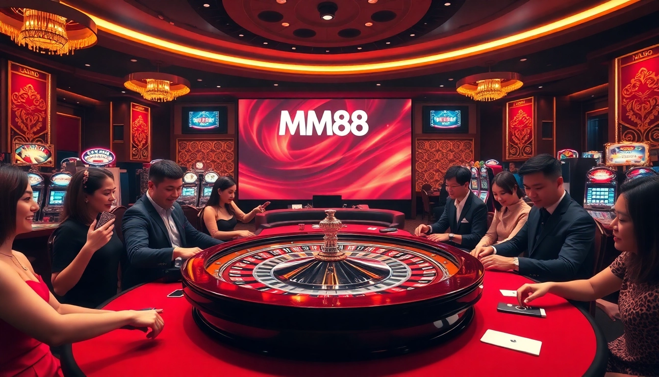 Players enjoying a thrilling casino experience at MM88 with lively roulette and poker games.