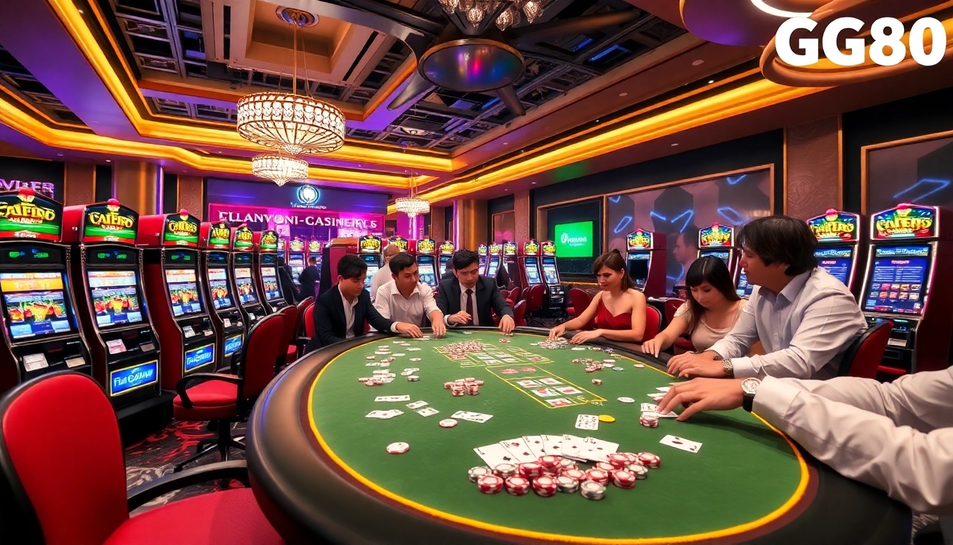 Engaging in high-stakes gameplay at GG88 casino, featuring vibrant slot machines and poker chips.