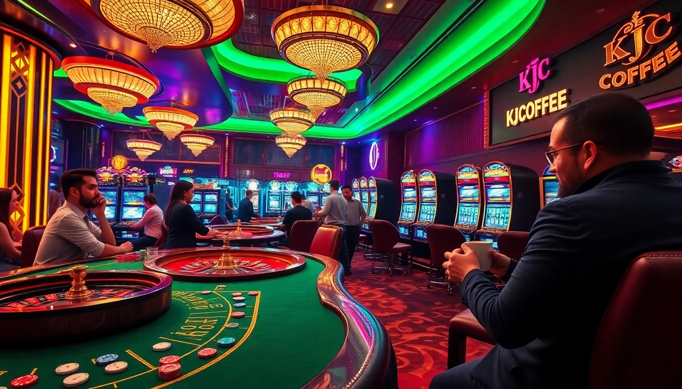 KJC Coffee enhances the gaming experience at a lively casino filled with poker tables and vibrant slots.