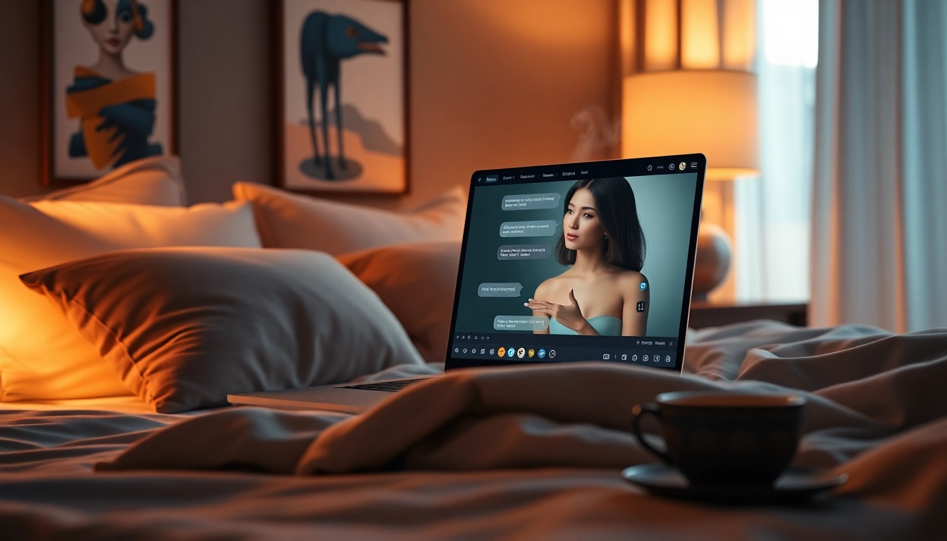 Engaging AI sexchat interaction displayed on a cozy laptop in a modern bedroom setting.