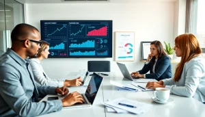 Logo muhasebe programı interface in a modern office setting with business professionals analyzing data.