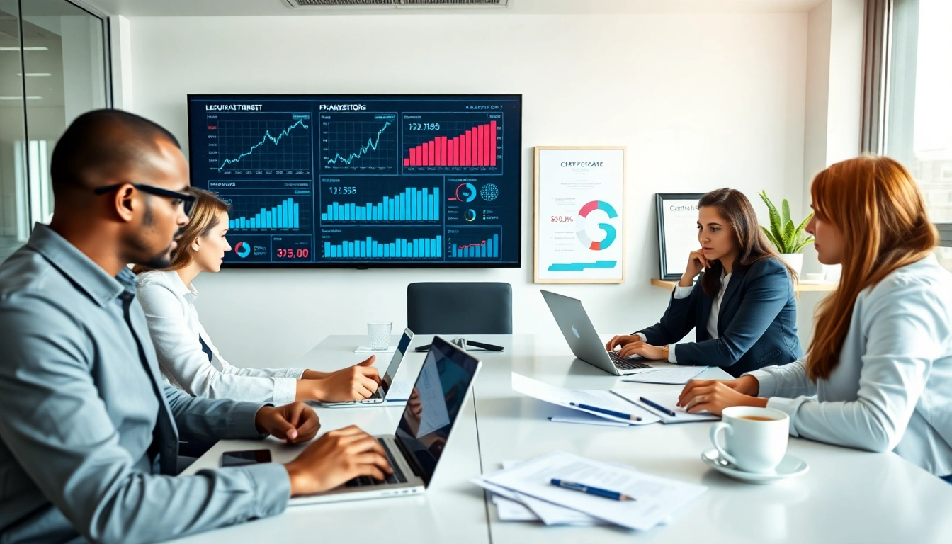 Logo muhasebe programı interface in a modern office setting with business professionals analyzing data.