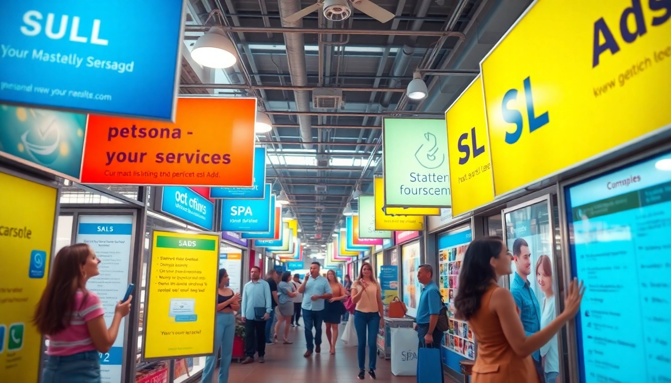 Engaging scene of SL Ads in a vibrant marketplace, showcasing personal and spa services.