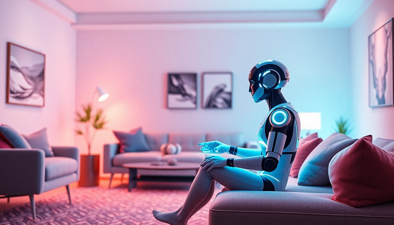 Interactive sex ai companion in a modern living room, showcasing futuristic technology.