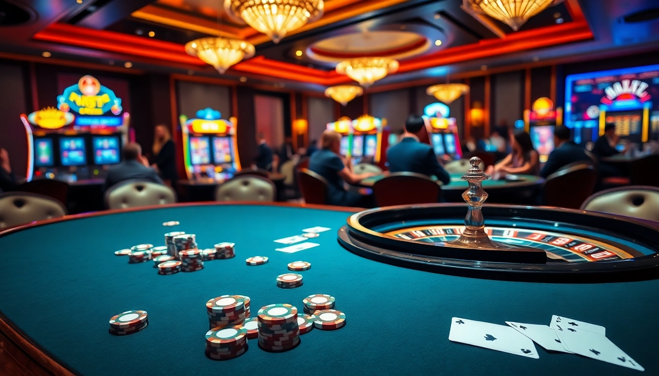 Engaging Slot Online Terpercaya players at a stunning casino table filled with poker chips and cards.
