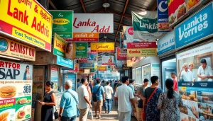 Lanka Add advertisements in a lively Sri Lankan marketplace showcasing personal services and spa treatments