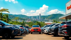 Car rental at Kuching featuring diverse vehicles outside a modern agency.